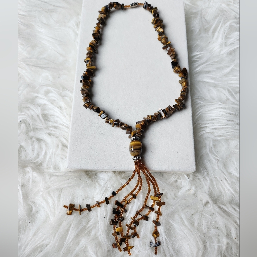 Tiger Eye Beaded Necklace with Tassel